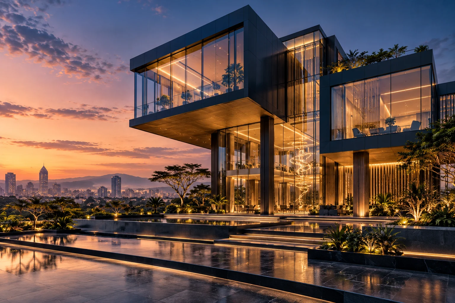 Architectural concept of a contemporary glass building illuminated in warm gold at dusk